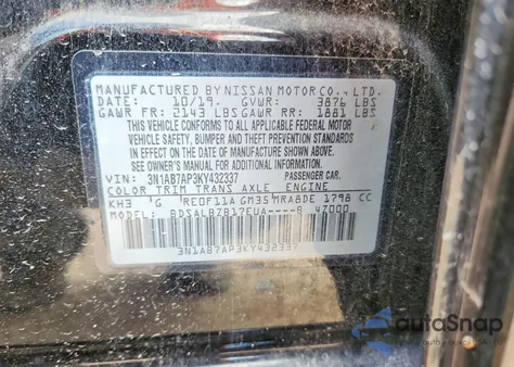 2019 Nissan Sentra S z USA, uszkodzony, nr VIN 3N1AB7AP3KY432337